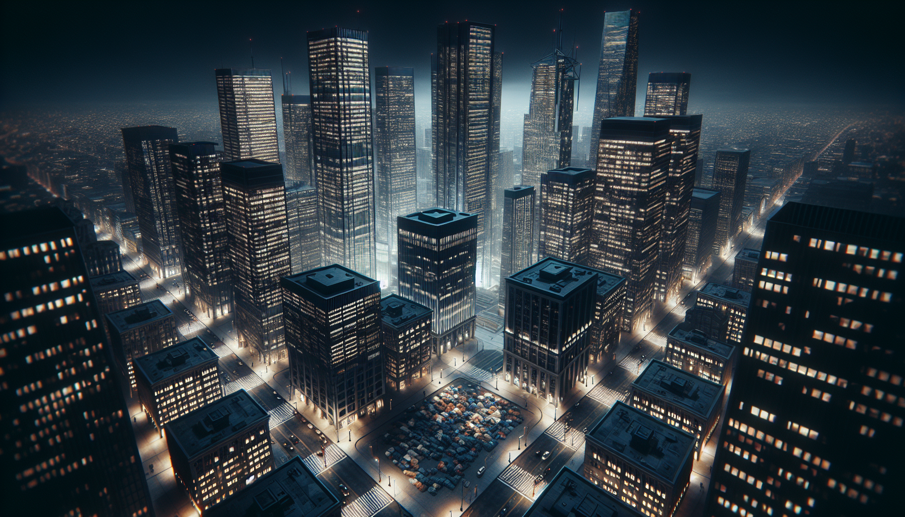 Aerial view of a dark modern city with gleaming corporate towers and crumbling streets below — the broken machine of extraction