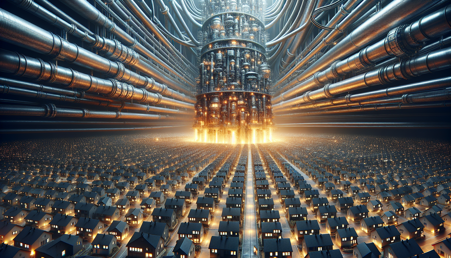 Giant corporate pipelines extracting golden energy from small neighborhood houses into a dark tower — the destroyer ecosystem