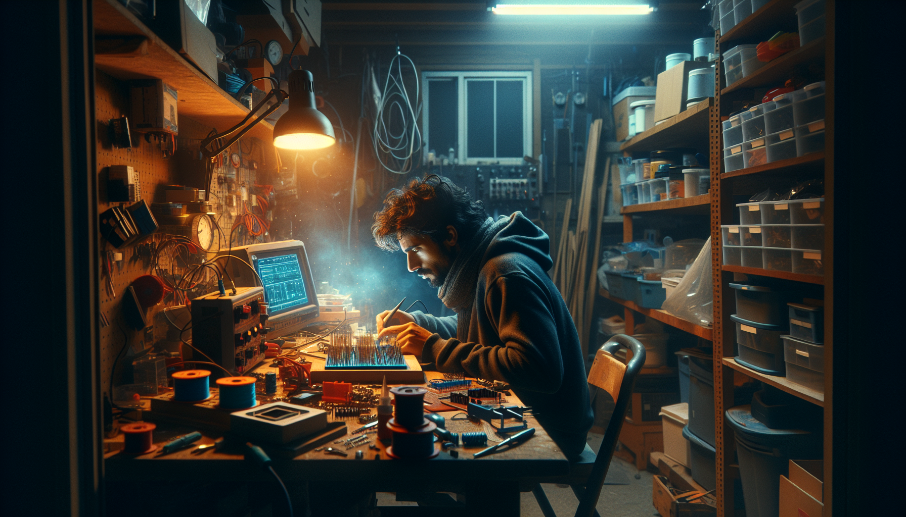 A solo builder working late in a garage workshop with soldering iron and radio antenna — the first spark of a new network