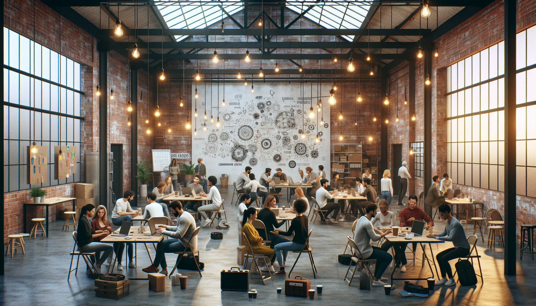 Diverse group of builders gathered in a converted warehouse with laptops, radios, and mesh network diagrams — the first community node