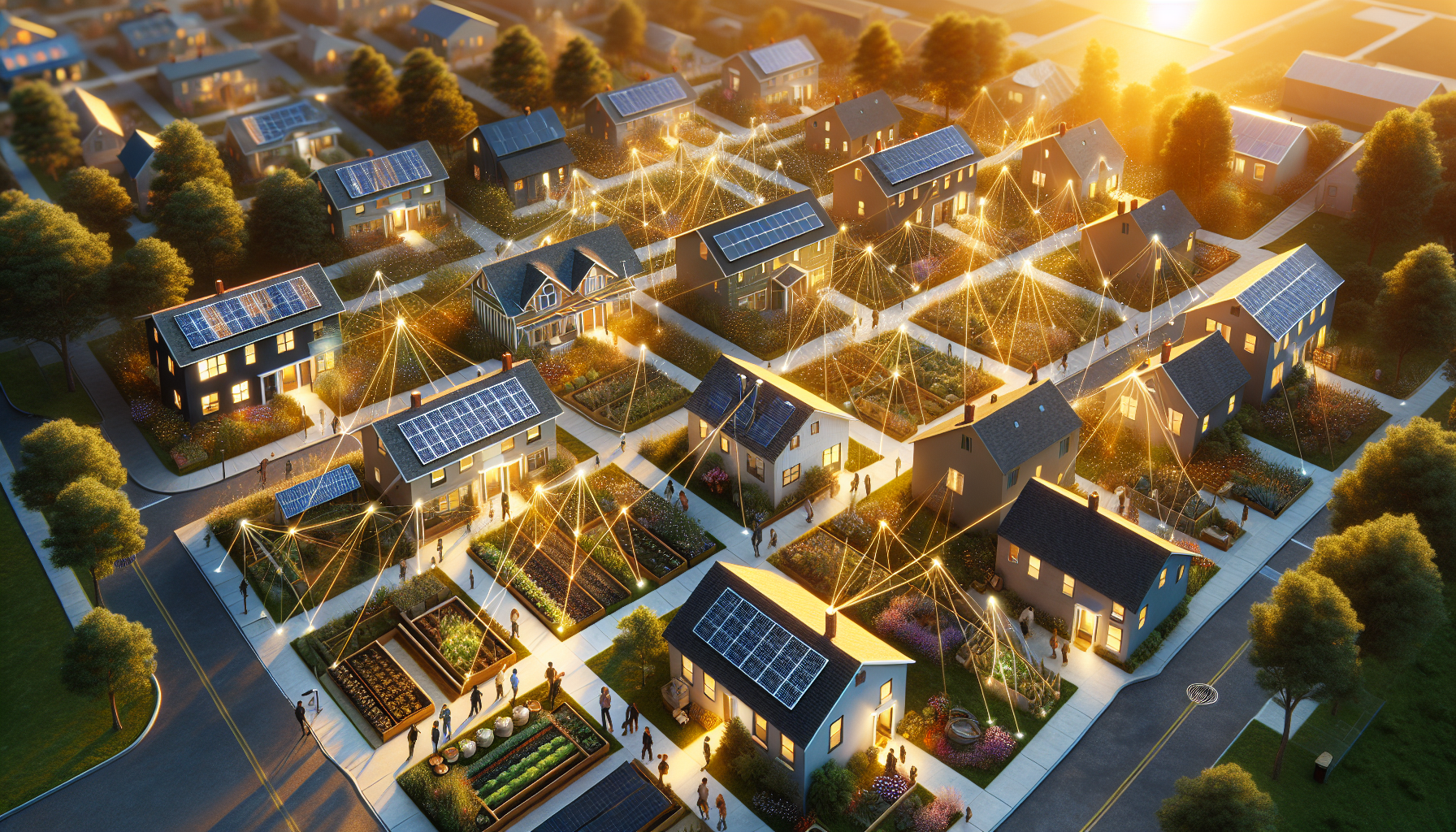 Aerial view of a neighborhood with solar panels, gardens, and glowing mesh network connections between buildings — a living sovereign network