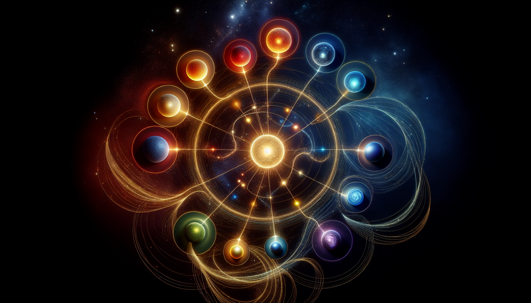 Seven luminous spheres in forge colors representing the pillars of community: food, shelter, energy, communication, education, health, governance