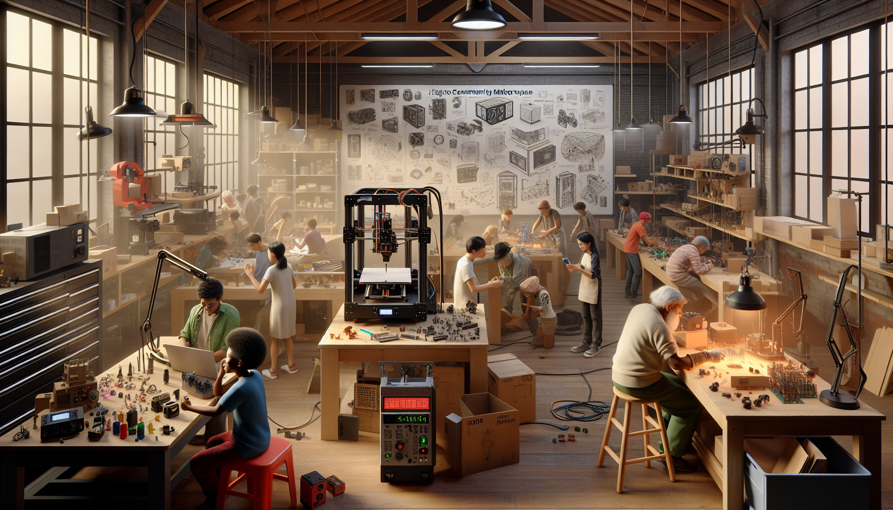 Community makerspace with 3D printers, radio equipment, and multigenerational builders teaching and learning together