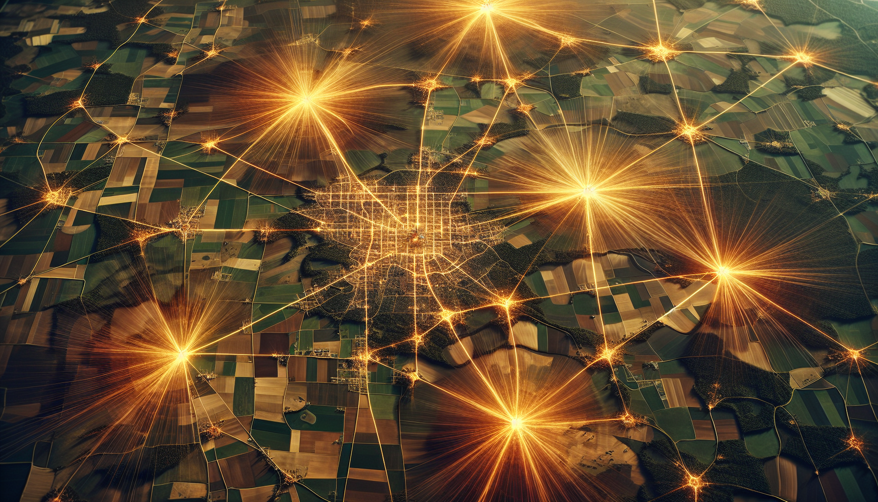 Map view of five self-sufficient builder communities connected by golden mesh network lines — sovereign colonies trading and sharing