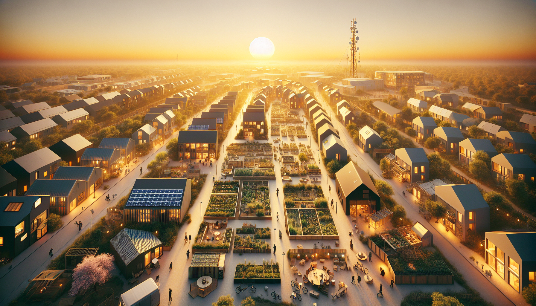 Bird's eye view of a complete builder colony at golden hour — community gardens, solar arrays, workshops, communications tower, people gathering