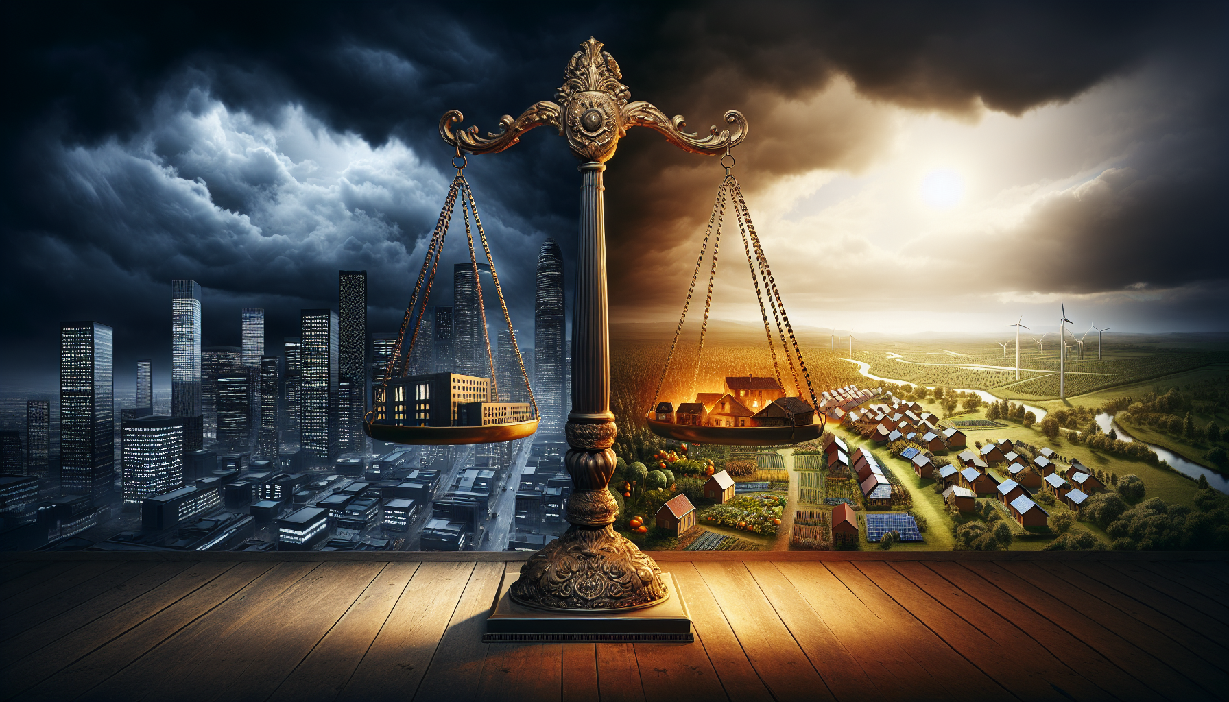 Balance scale with a cold corporate skyscraper on one side and a thriving community village on the other — the village side is winning