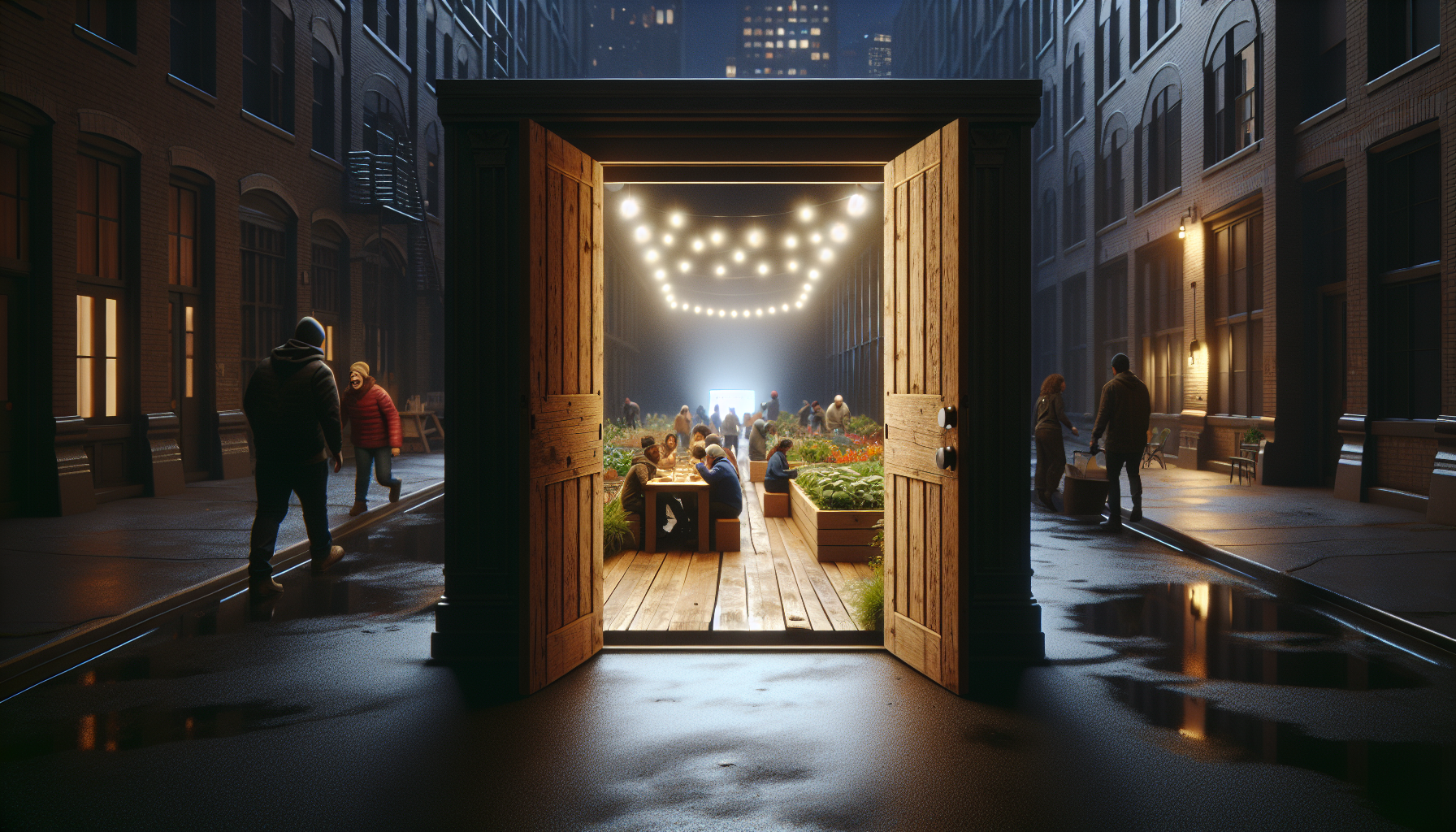 Warm wooden doorway open on a dark city street, revealing a bright community space with people building, growing food, and gathering — the invitation
